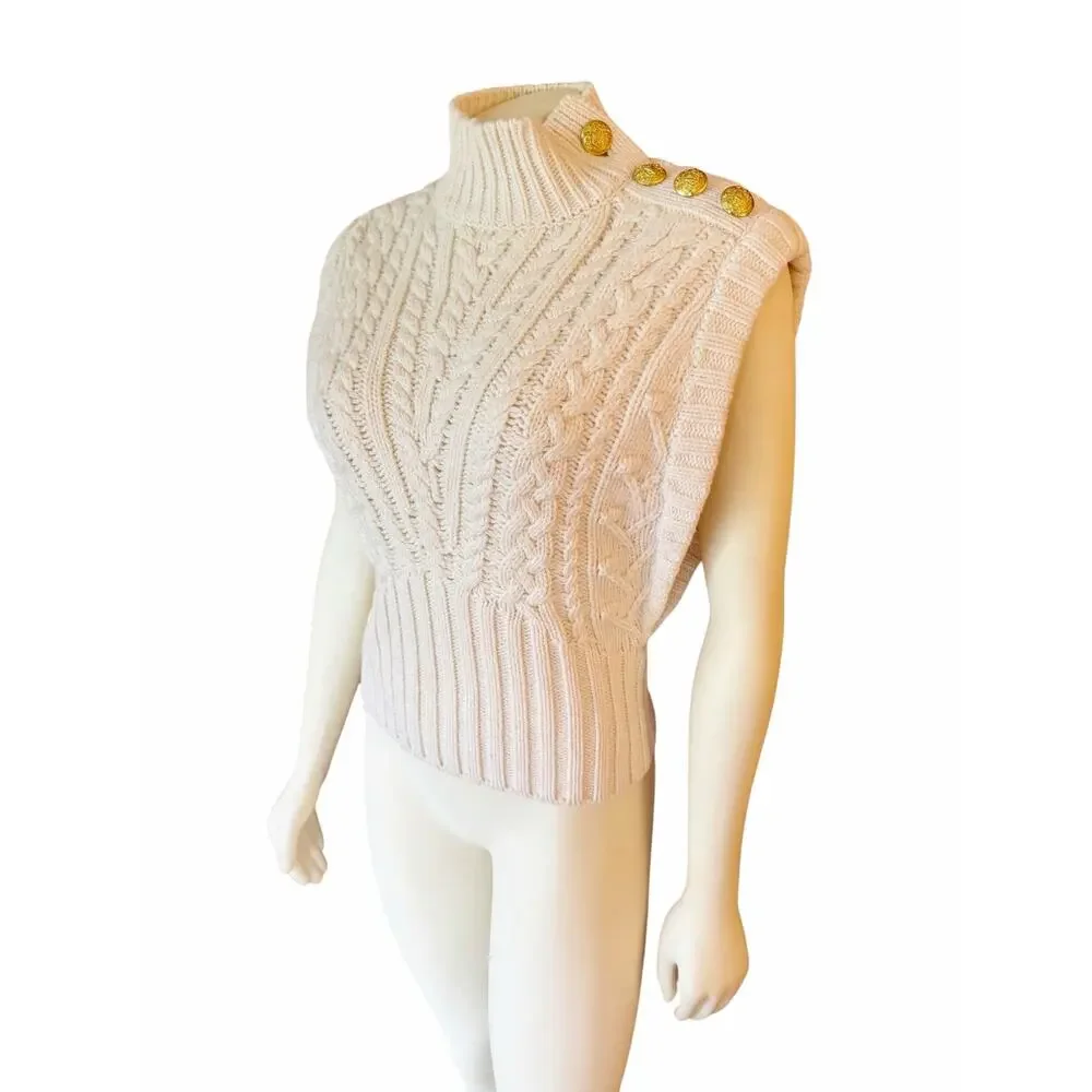 Veronica Beard Holton Wool Cable Knit Vest Sleeveless Turtleneck Sweater Ivory